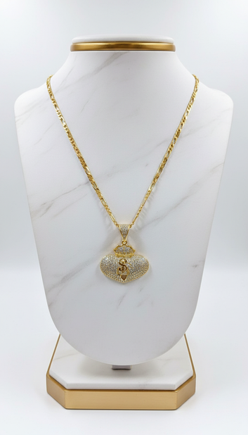 mens money bag pendant necklace gold iced out CZ stones Fancy Daria