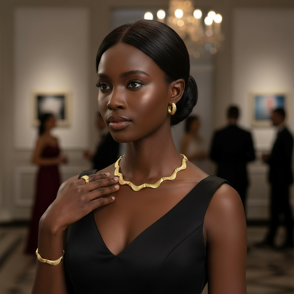 Woman wearing gold jewelry in a formal setting