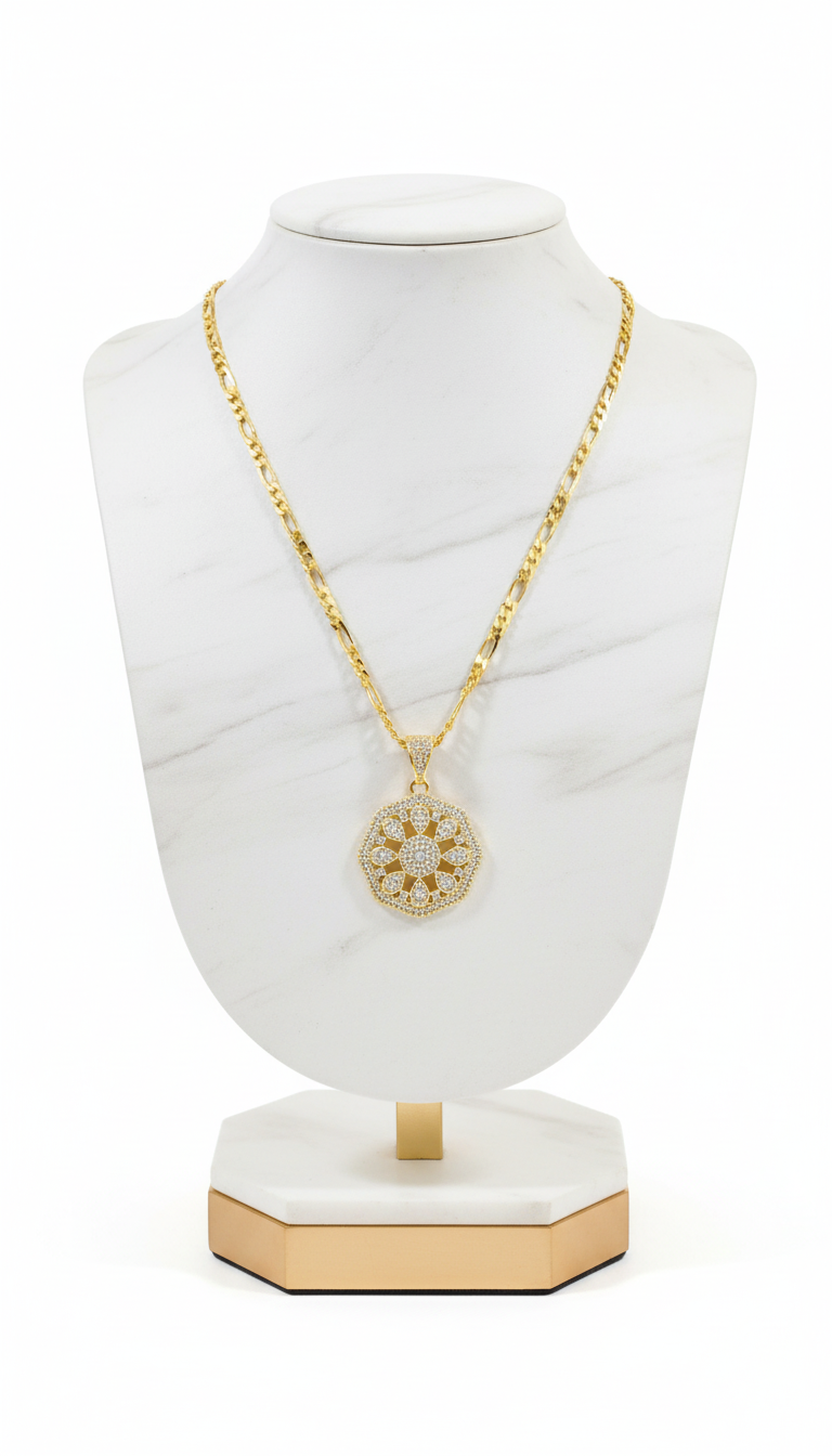unisex gold sunflower mandala pendant necklace CZ crystal cluster Fancy Daria