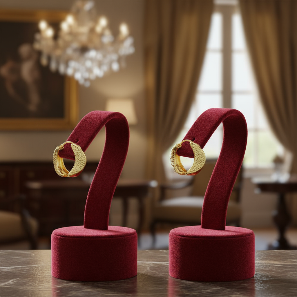 Gold earrings on red velvet stands with a blurred elegant room background