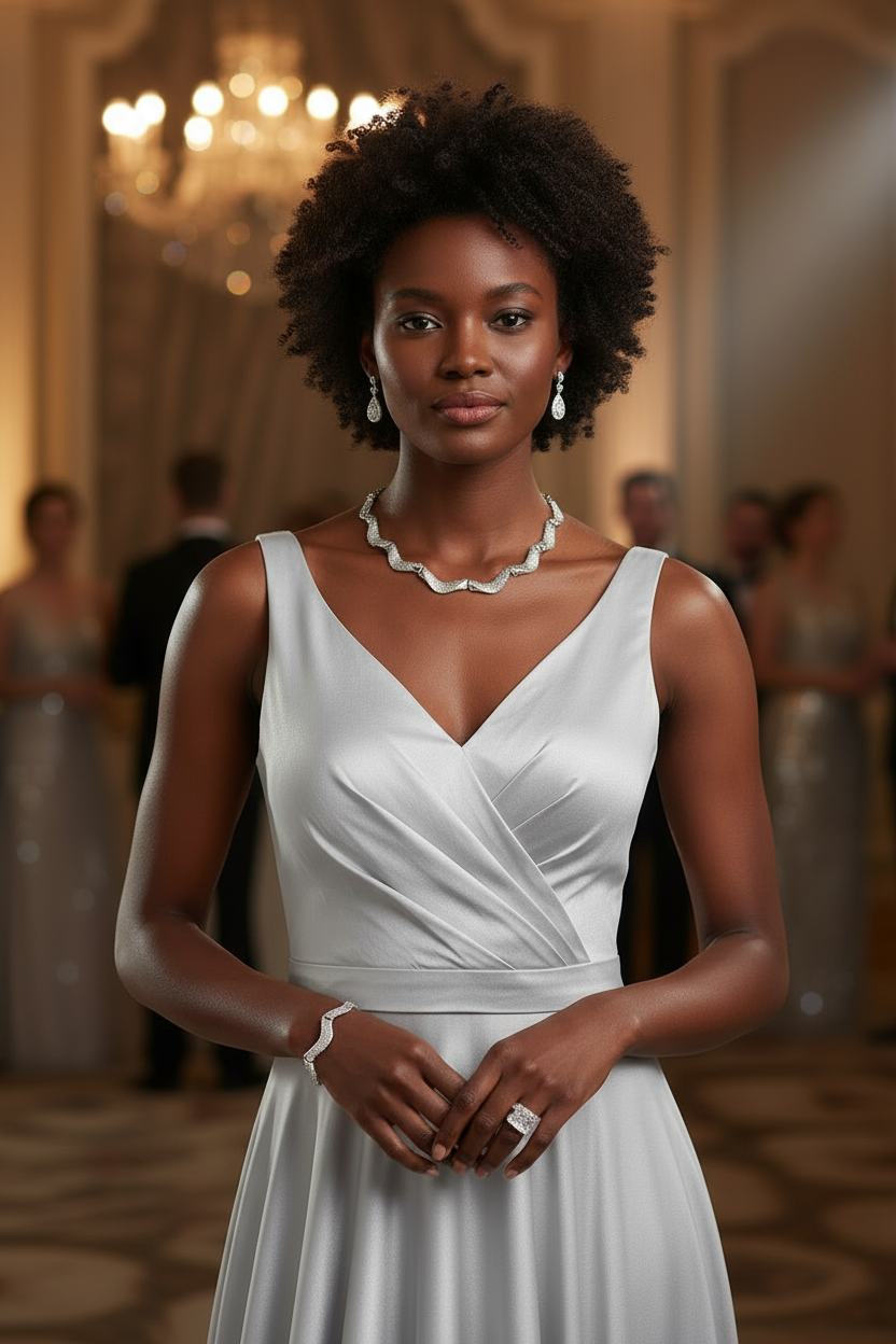 Woman in a silver dress with a chandelier and formal attendees in the background