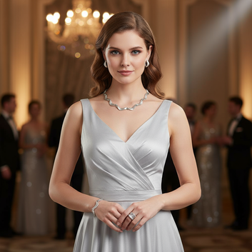 Woman in a silver dress with a chandelier and formal attendees in the background