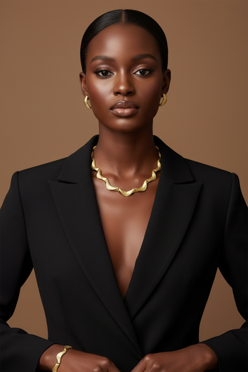 Woman wearing a black blazer and gold jewelry against a brown background
