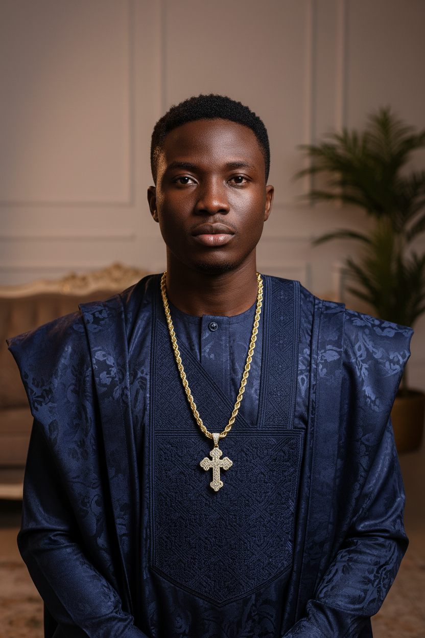 Man wearing a blue outfit with a gold chain and cross pendant - Fancydaria 