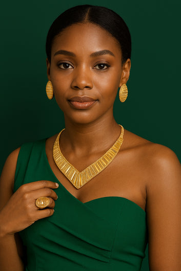 Temilade 18K Gold Plated Jewelry Set – Collar Necklace, Earrings, Bracelet & Ring | Nigerian Wedding Jewelry