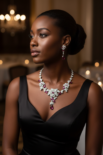 Woman wearing a luxurious necklace with gemstones in an elegant indoor setting