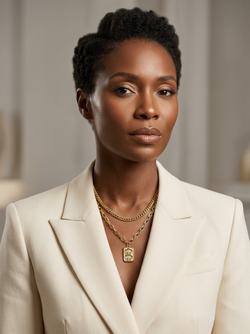 Woman wearing a beige blazer and gold necklace with a blurred background