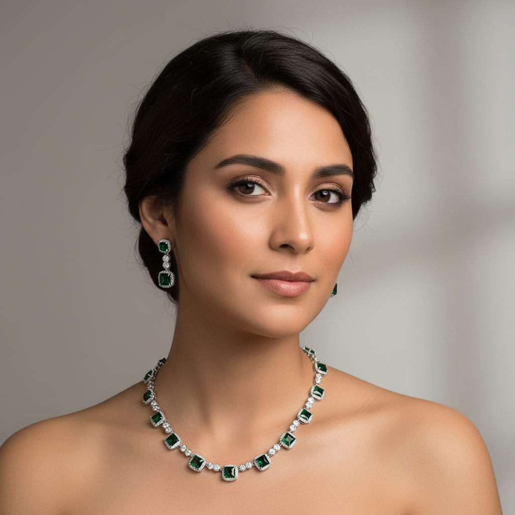 Woman wearing a green and white gemstone necklace and earrings against a neutral background