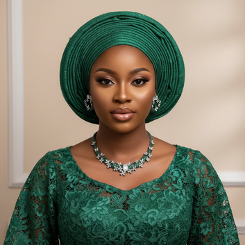Woman wearing a green lace dress and headwrap with jewelry against a beige background