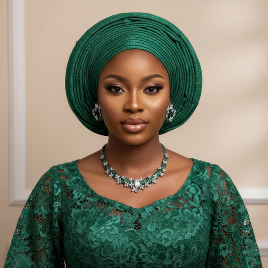 Woman wearing a green lace dress and headwrap with jewelry against a beige background