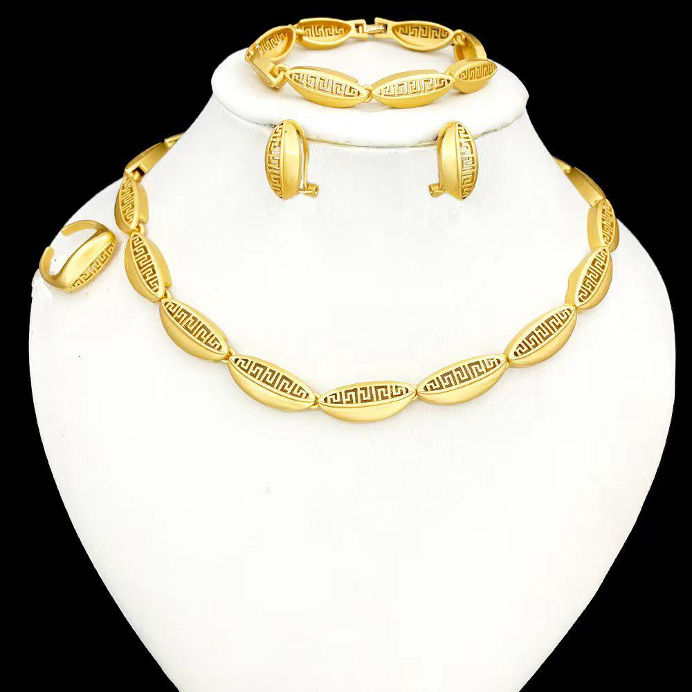 Fancy Daria Imperial Set 18K gold plated minimalist jewelry set for women Greek key oval link necklace bracelet earrings ring Nigerian wedding owambe aso ebi jewelry