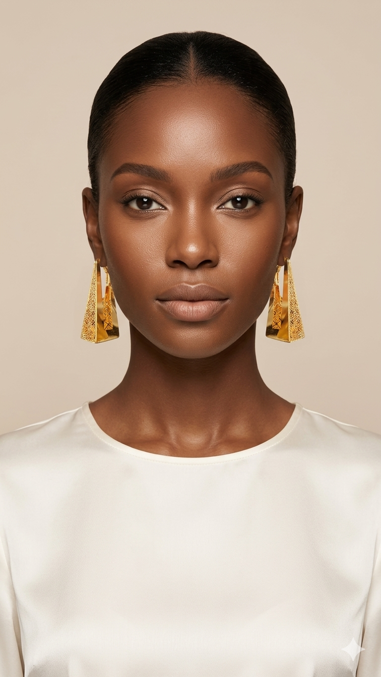 Woman wearing gold earrings against a beige background