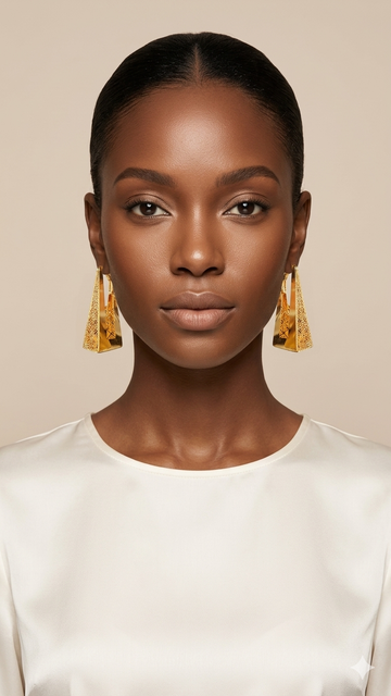 Woman wearing gold earrings against a beige background