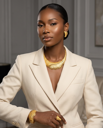Fancy Daria Sovereign Set bold chunky gold plated African bib collar jewelry set for women — wide statement necklace gold cuff bangle clip on earrings ring — Nigerian wedding owambe Yoruba bridal jewelry