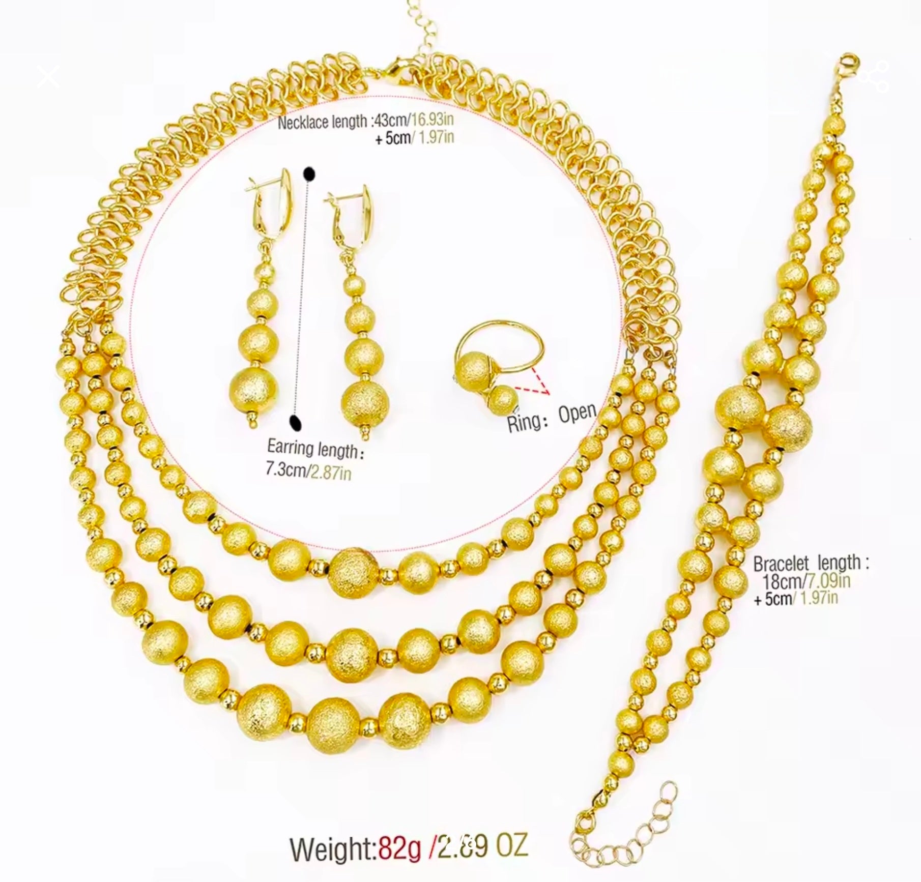 Gold jewelry set including necklace, earrings, and ring with measurements on a white background.