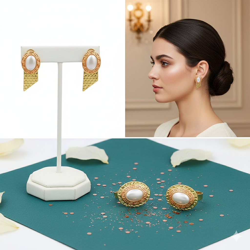 Gold earrings with pearl-like stones on a stand and a woman wearing them.