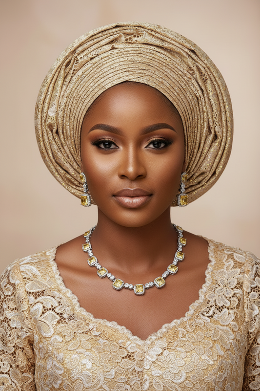 Woman wearing a traditional beaded headwrap and lace garment with jewelry on a beige background