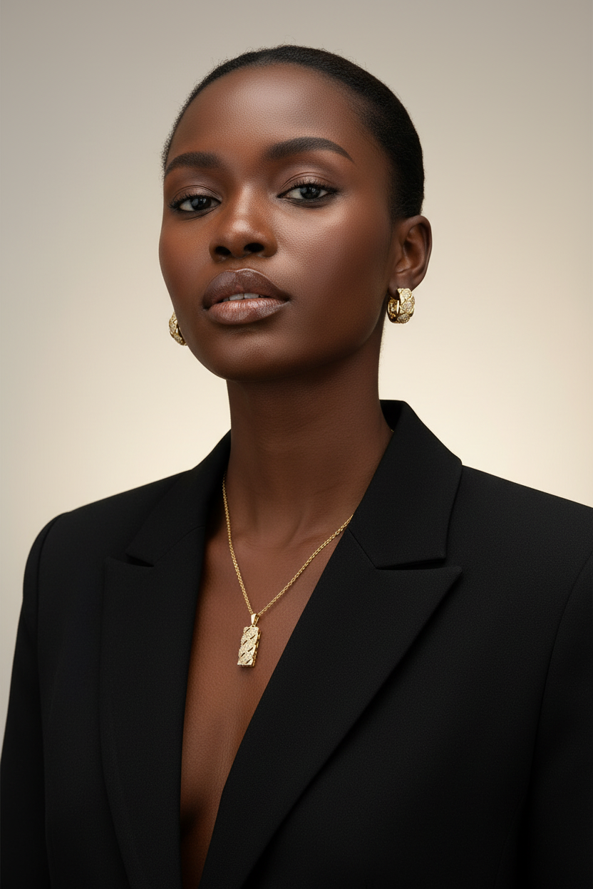 Woman wearing a black blazer and gold jewelry against a neutral background
