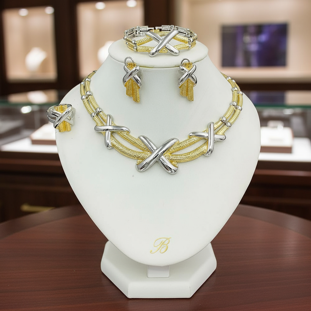 Jewelry set including necklace, bracelet, and earrings on a white stand with blurred background