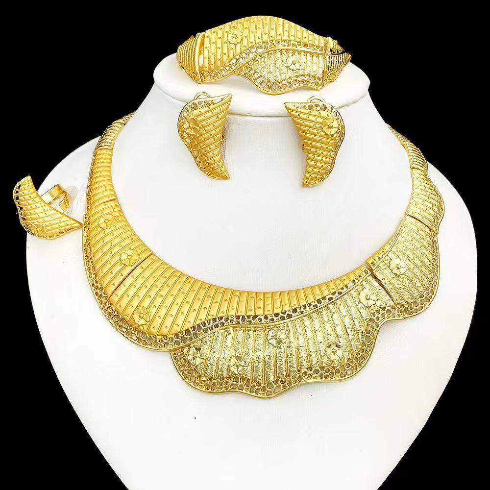 Fancy Daria Sovereign Set bold chunky gold plated African bib collar jewelry set for women, wide statement necklace gold cuff bangle clip on earrings ring, Nigerian wedding owambe Yoruba bridal jewelry
