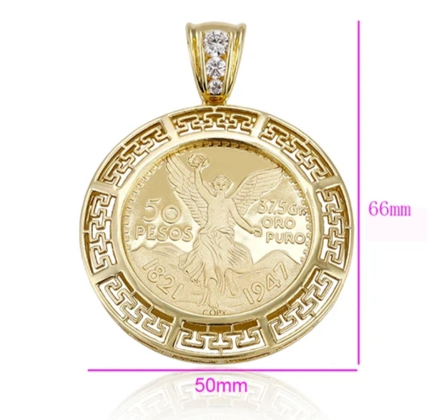 Gold coin pendant with decorative border and measurement details on a white background