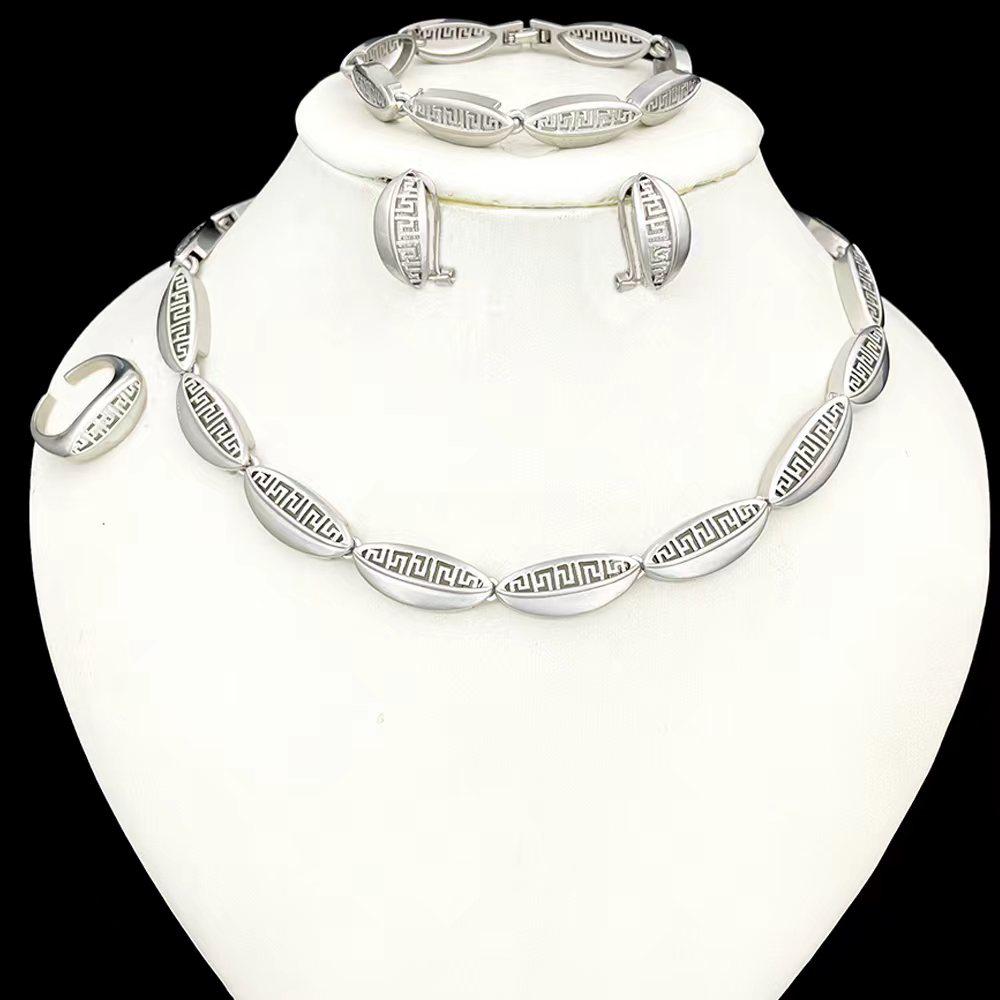 Fancy Daria Imperial Set silver tone minimalist 4 piece jewelry set for women — sleek Greek key necklace bracelet earrings ring — elegant occasion and everyday jewelry