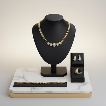 Jewelry set including a necklace, earrings, and bracelet on a marble stand with a neutral background.