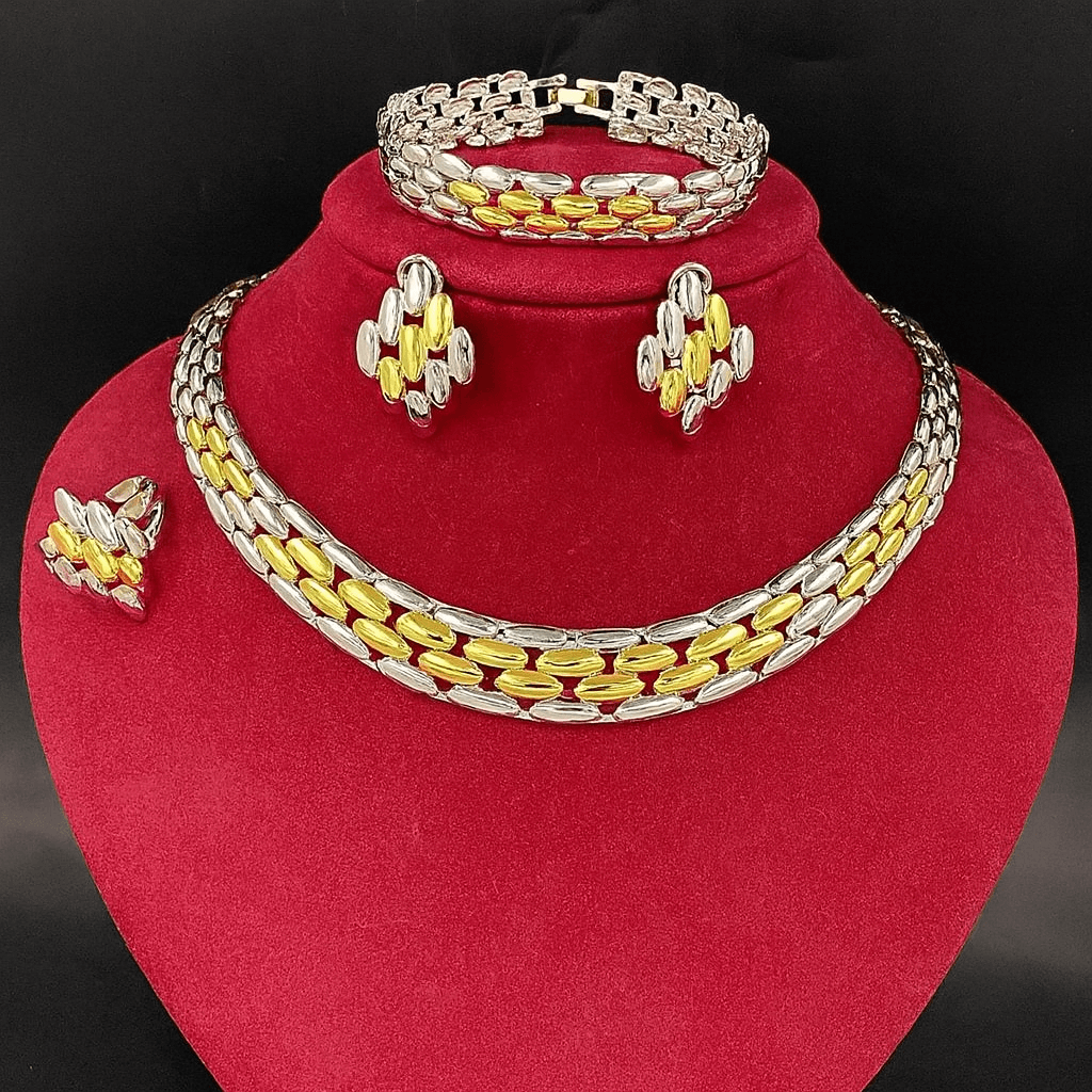 Aurevia Luxe Dual-Tone Jewelry Set | 18K Gold & Silver Plated Necklace, Bracelet, Earrings & Ring | Waterproof, Non-Tarnish, Hypoallergenic Jewelry for Women.