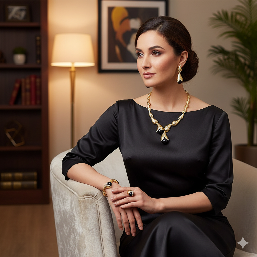 Woman in a black dress with gold jewelry sitting on a couch in a cozy room.