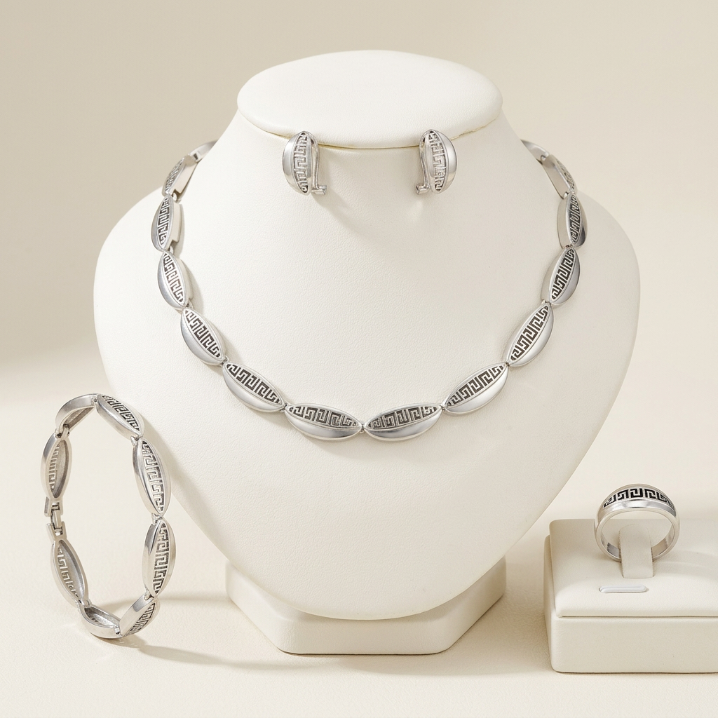 Fancy Daria Imperial Set silver tone minimalist 4 piece jewelry set for women  sleek Greek key necklace bracelet earrings ring elegant occasion and everyday jewelry