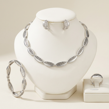 Fancy Daria Imperial Set silver tone minimalist 4 piece jewelry set for women  sleek Greek key necklace bracelet earrings ring elegant occasion and everyday jewelry