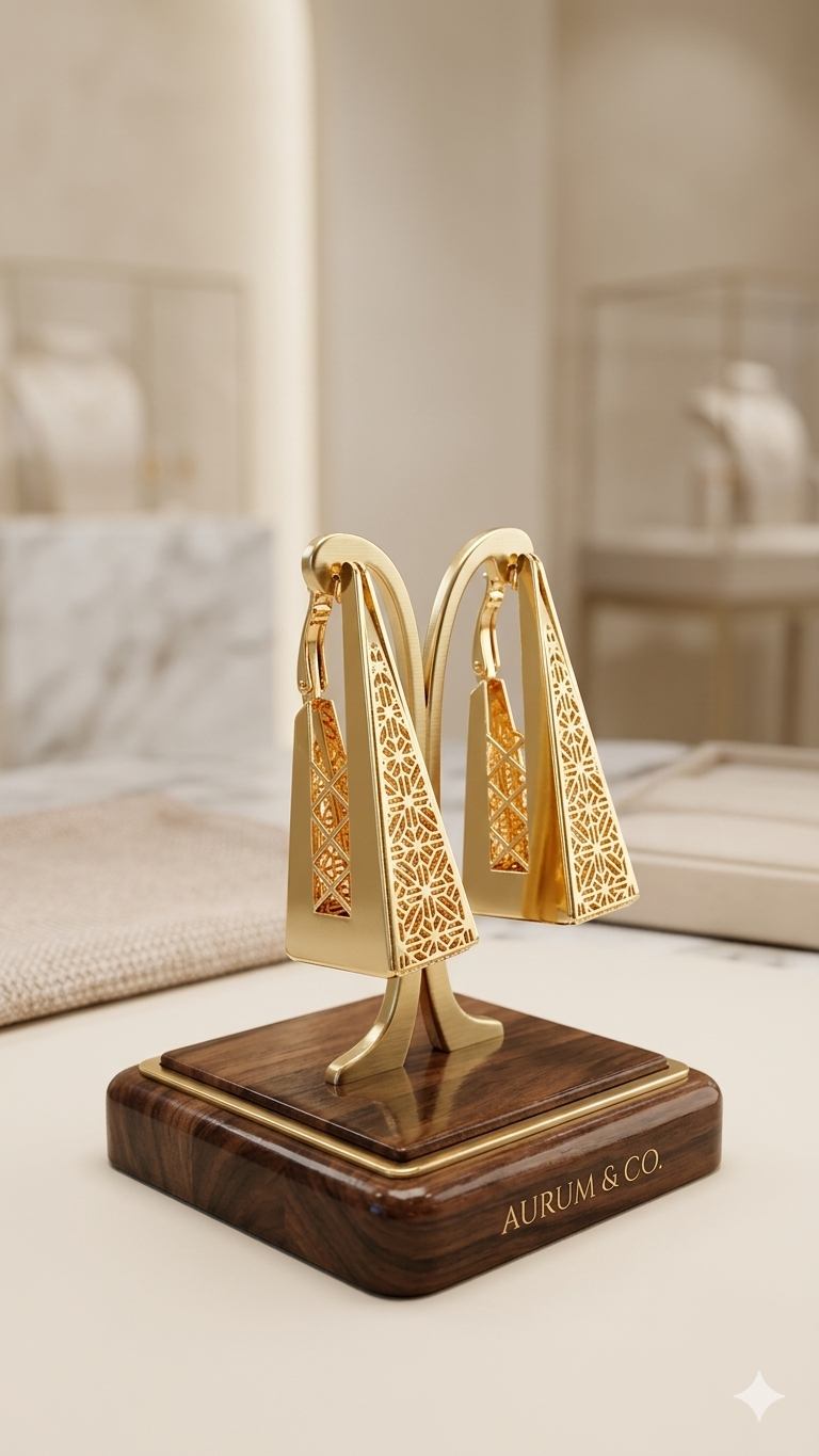 A high-end product photograph of a pair of gold, architectural-style triangular earrings with intricate geometric cutouts. The earrings are displayed on a luxury stand made of polished dark wood with gold accents. The scene is set in a blurred, warm-toned boutique environment with soft cinematic lighting that highlights the metallic shine and fine craftsmanship of the jewelry.