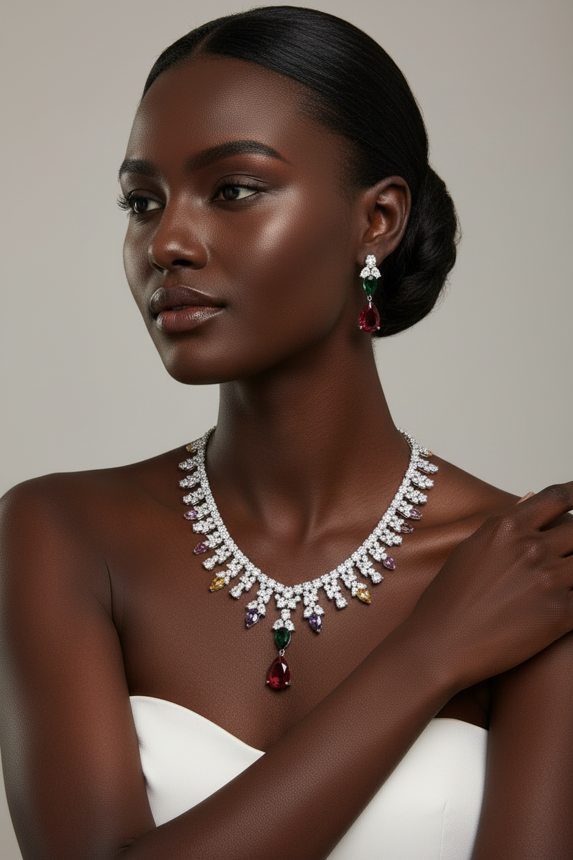 Woman wearing a sparkling necklace and earrings against a neutral background