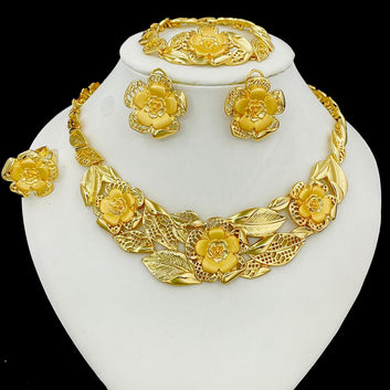 Elegant Gold Floral Jewelry Set | Bridal & Party Necklace, Earrings, Bracelet & Ring