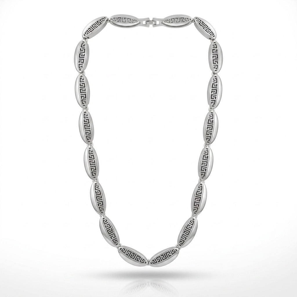 Fancy Daria Imperial Set silver tone minimalist 4 piece jewelry set for women — sleek Greek key necklace bracelet earrings ring — elegant occasion and everyday jewelry
