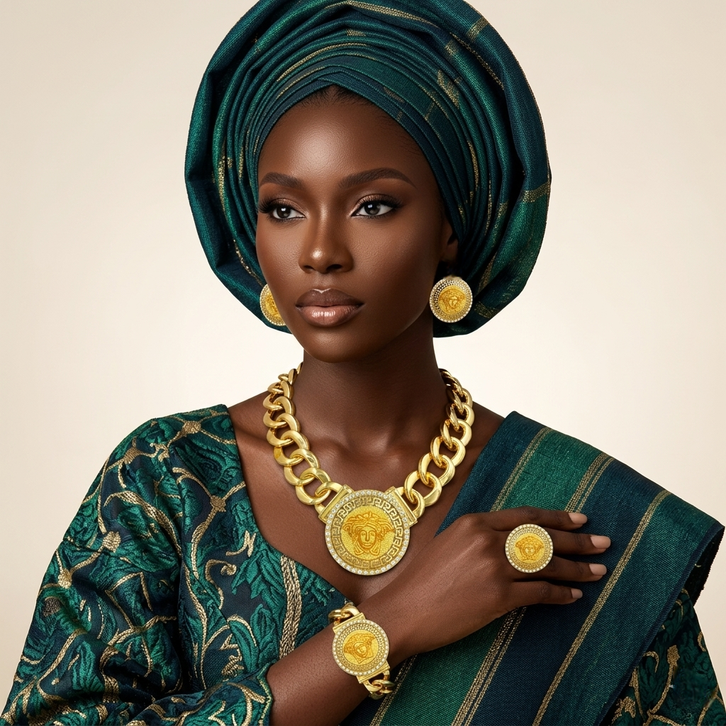 Woman wearing a green headscarf and gold jewelry on a beige background