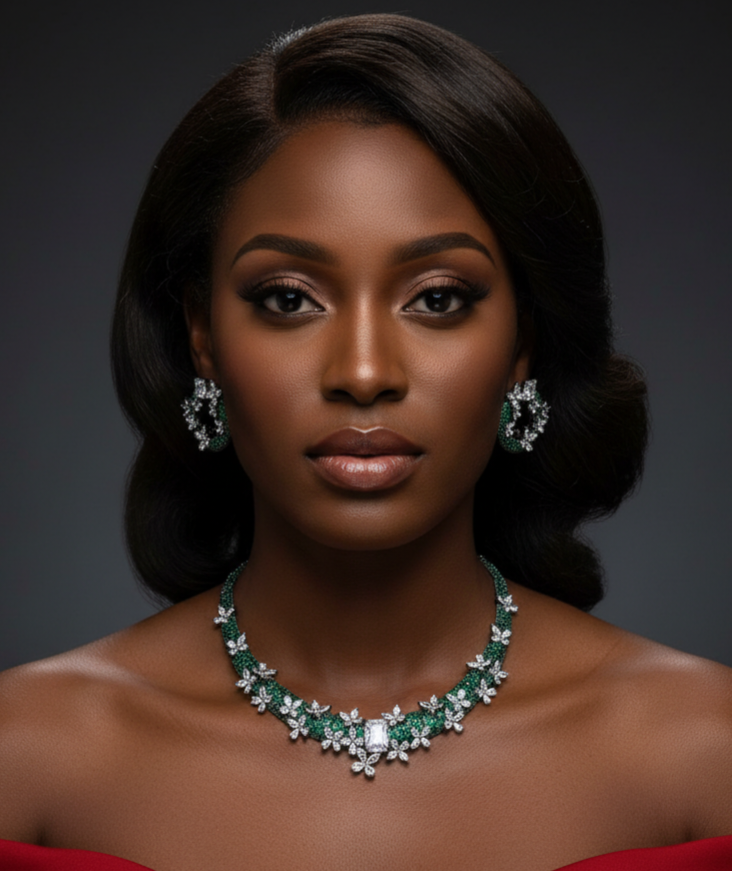 Woman wearing a green emerald and diamond necklace with matching earrings on a dark background