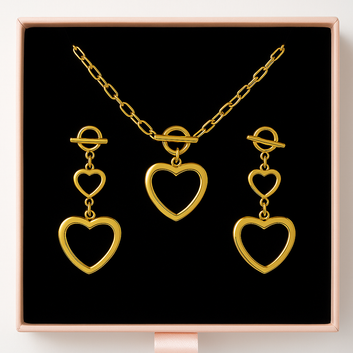 Gold heart-shaped necklace and earrings set in a black box with a pink border.