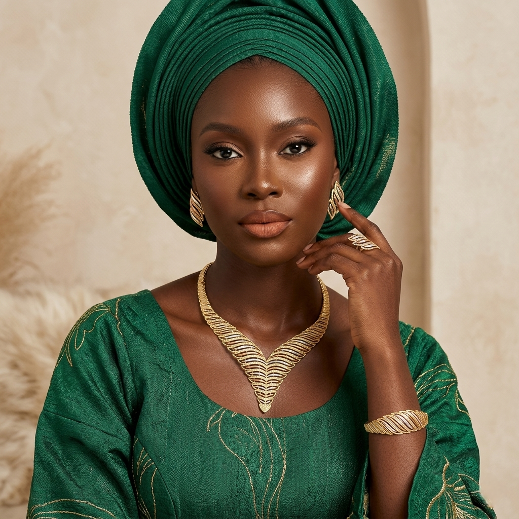 Woman wearing a green traditional outfit with gold jewelry against a beige background