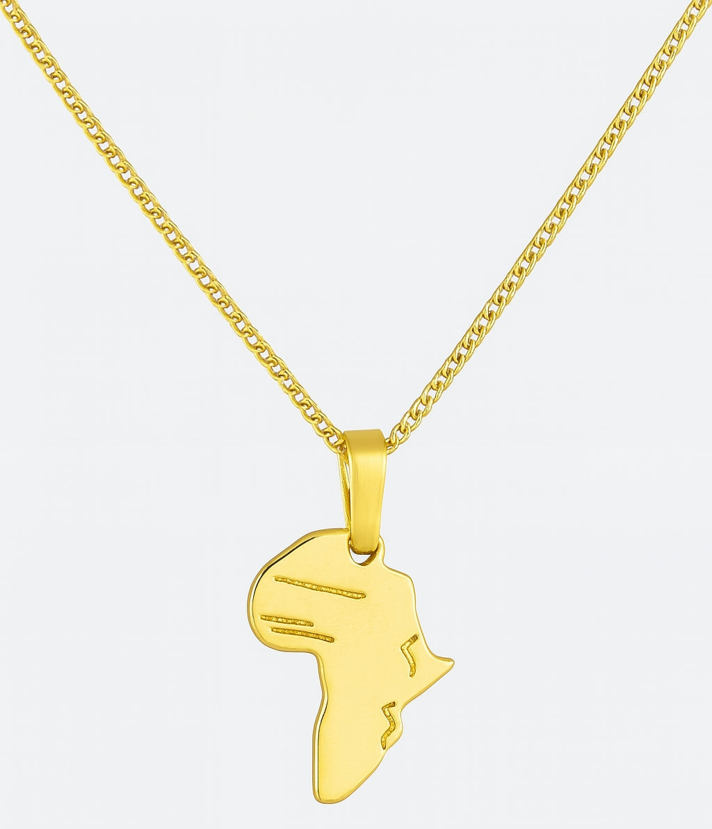 Gold necklace with a pendant shaped like a map of Africa on a white background
