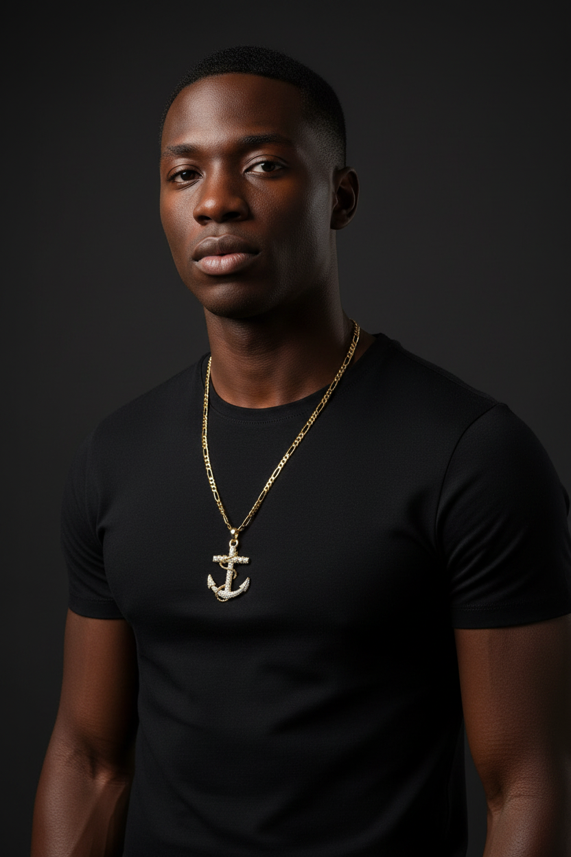 Gold-plated iced out anchor pendant necklace on marble display stand – Fancy Daria men's jewelry