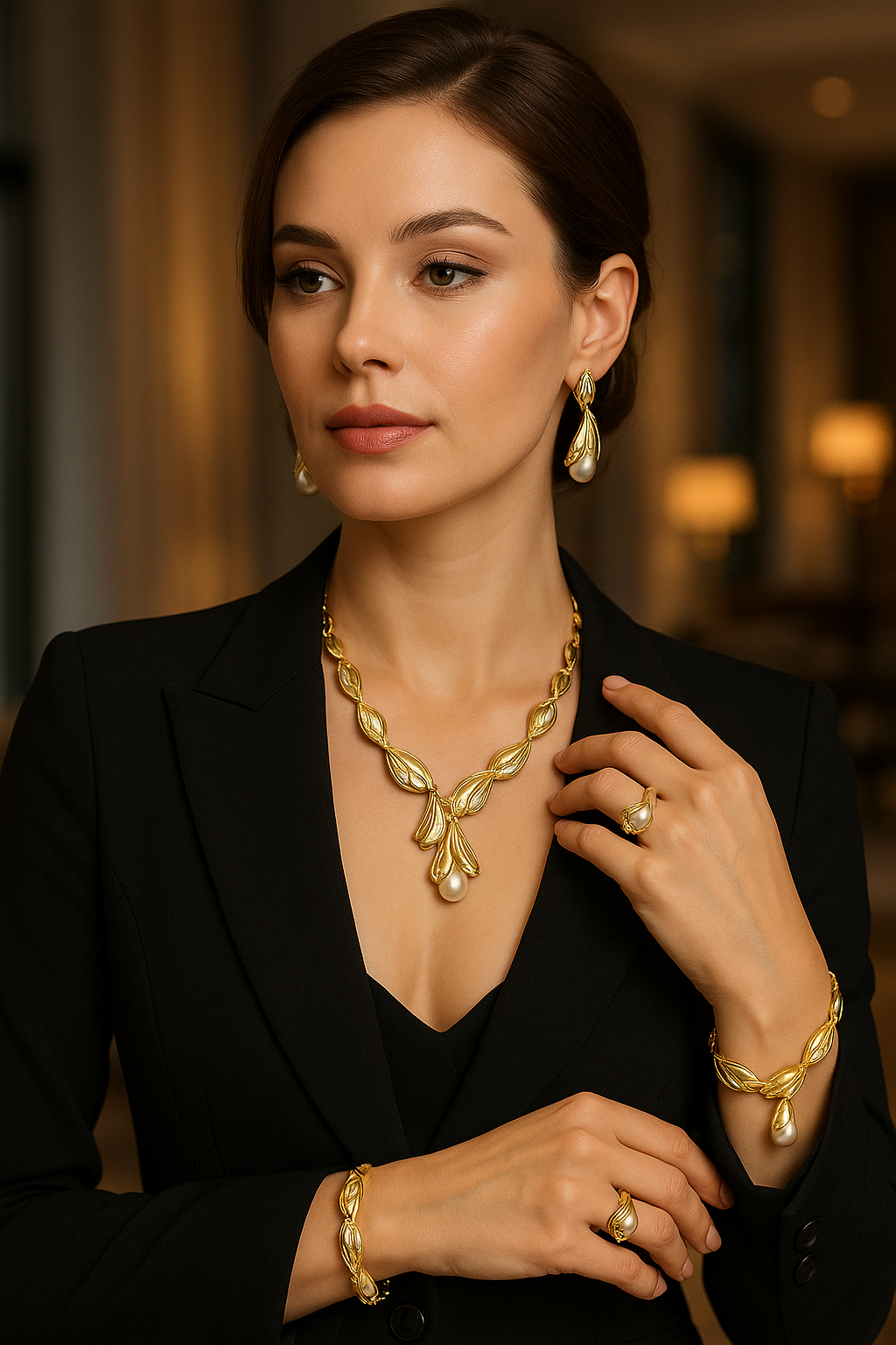 Woman wearing gold jewelry including a necklace, earrings, bracelet, and ring.