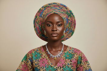 Woman wearing a multicolor outfit with a matching headwrap against a beige background