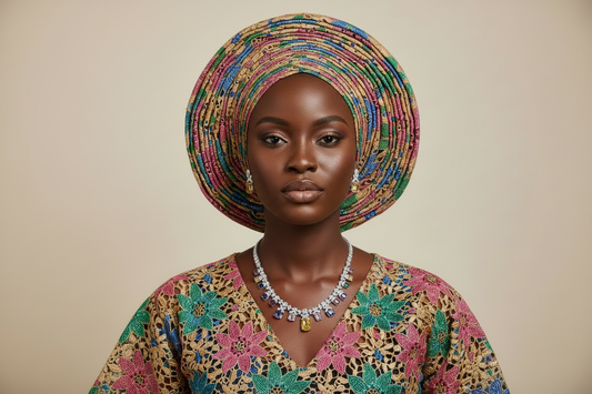 Woman wearing a multicolor outfit with a matching headwrap against a beige background