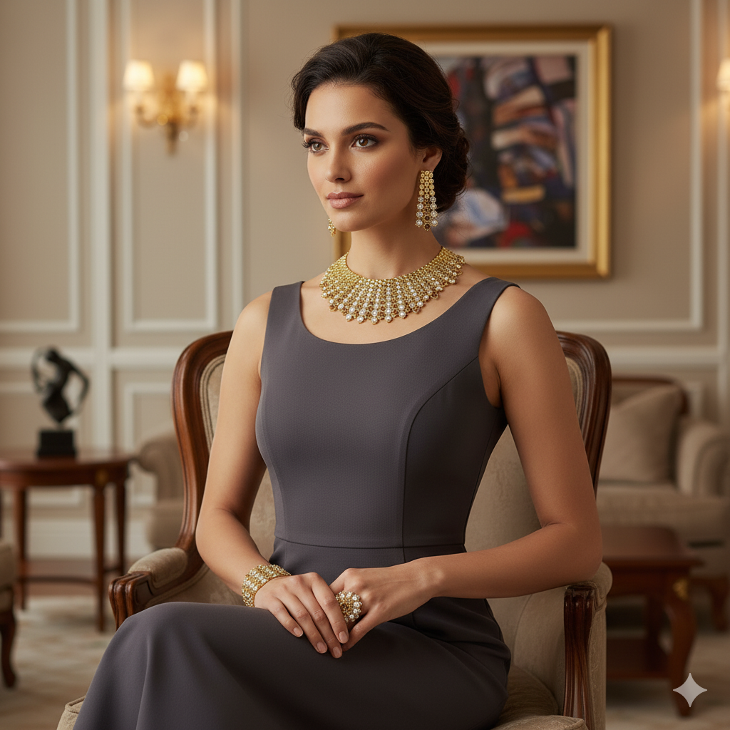 Woman in a gray dress with gold jewelry sitting in an elegant room.