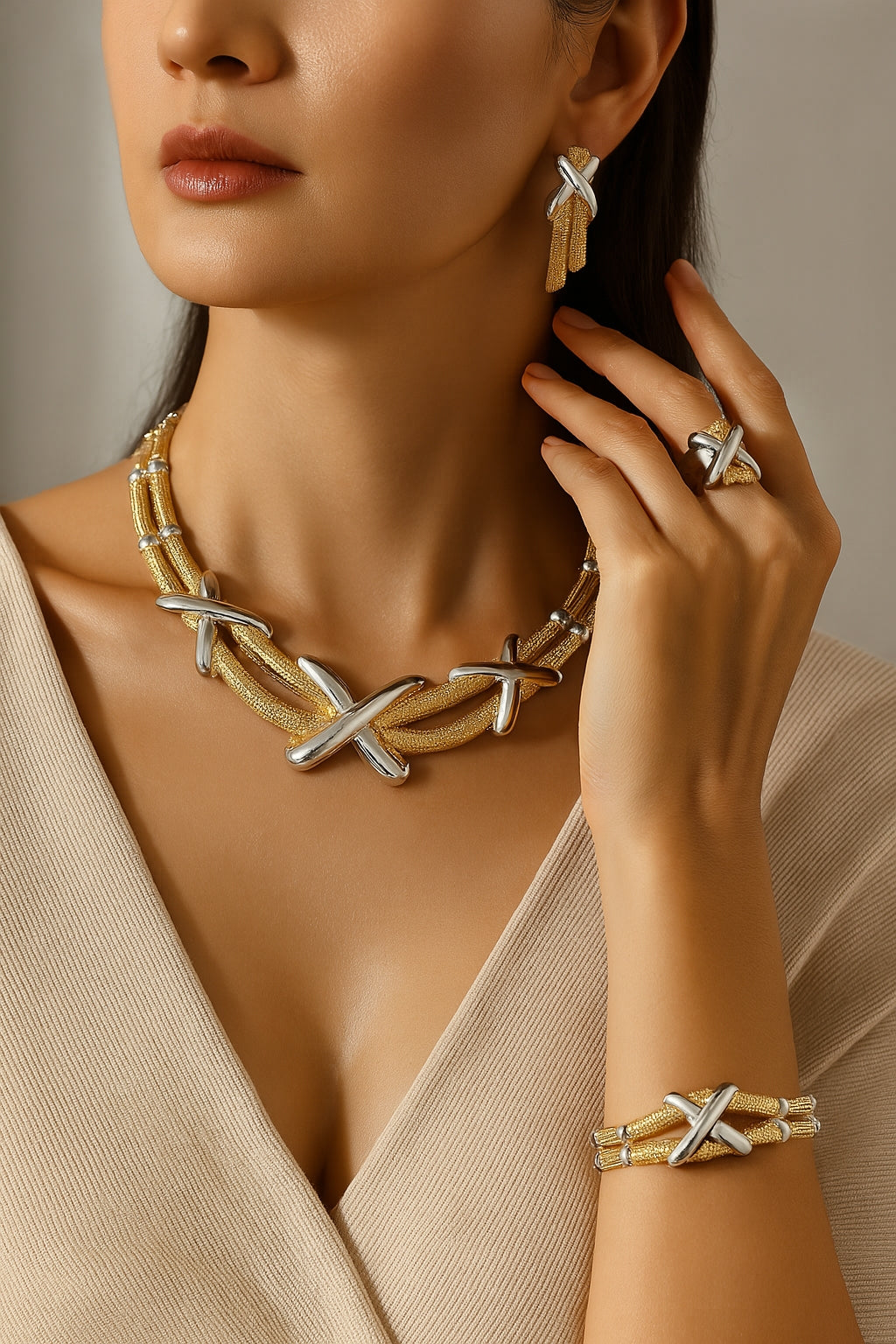 Woman wearing gold and silver jewelry including a necklace, earrings, and bracelet.