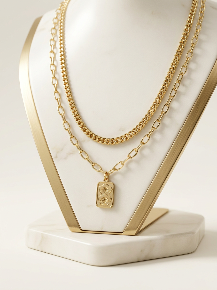 Two gold necklaces on a white marble stand with a plain background