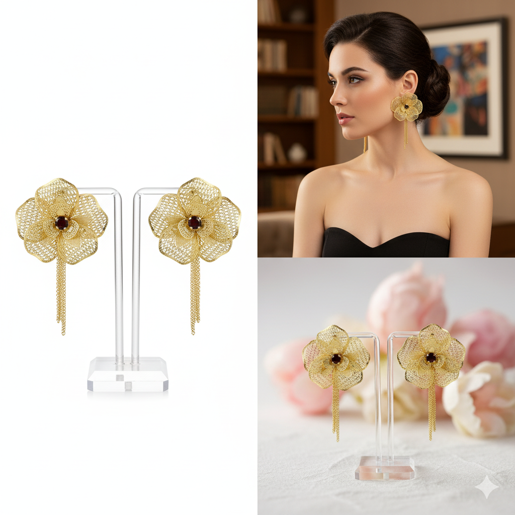Gold floral earrings on stands with a model wearing them indoors.