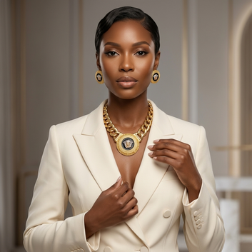 Woman wearing a white suit and gold necklace with a blurred background
