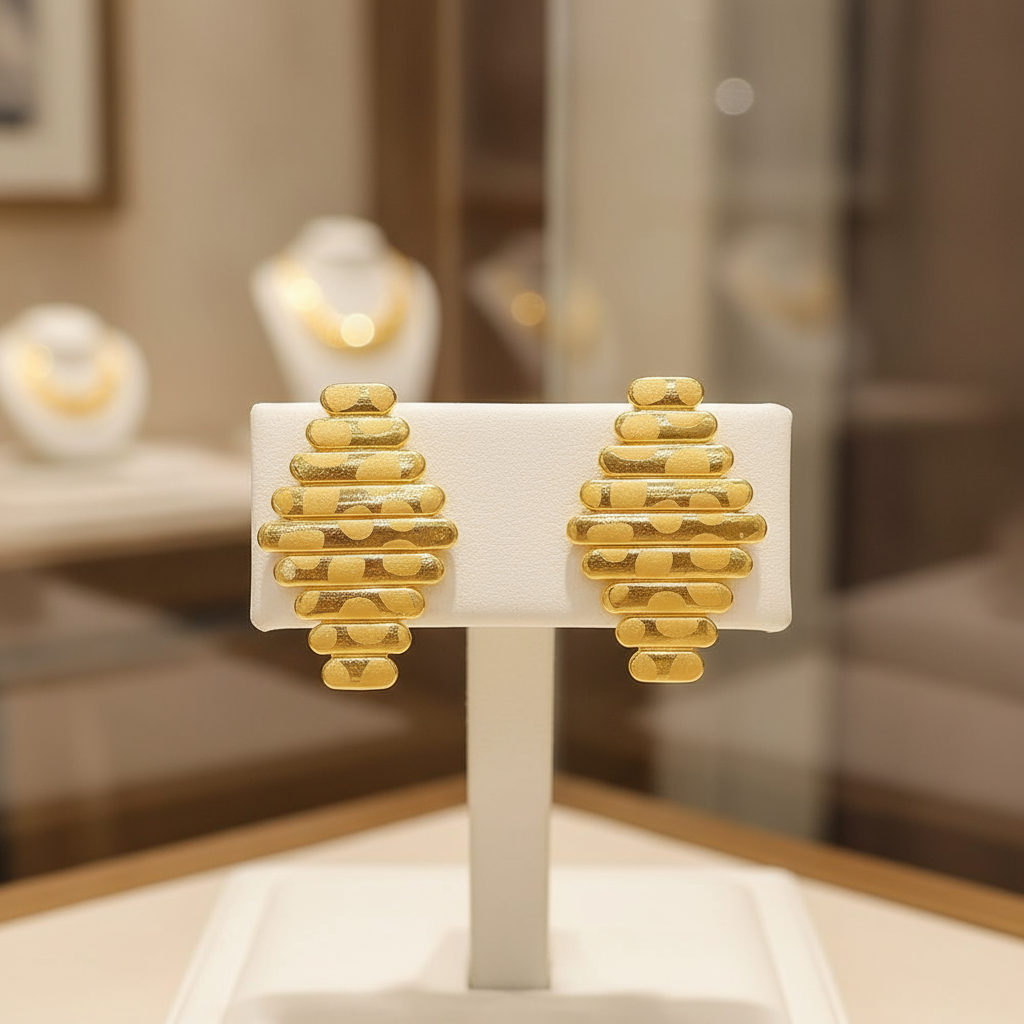 Gold earrings on a display stand with a blurred jewelry store background